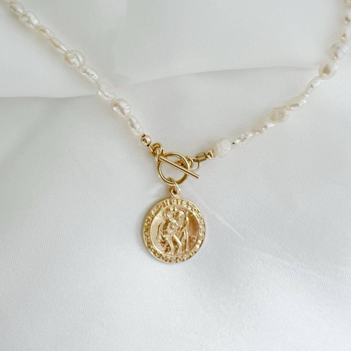 Saint Christopher Toggle Pearl Necklace Gold Filled