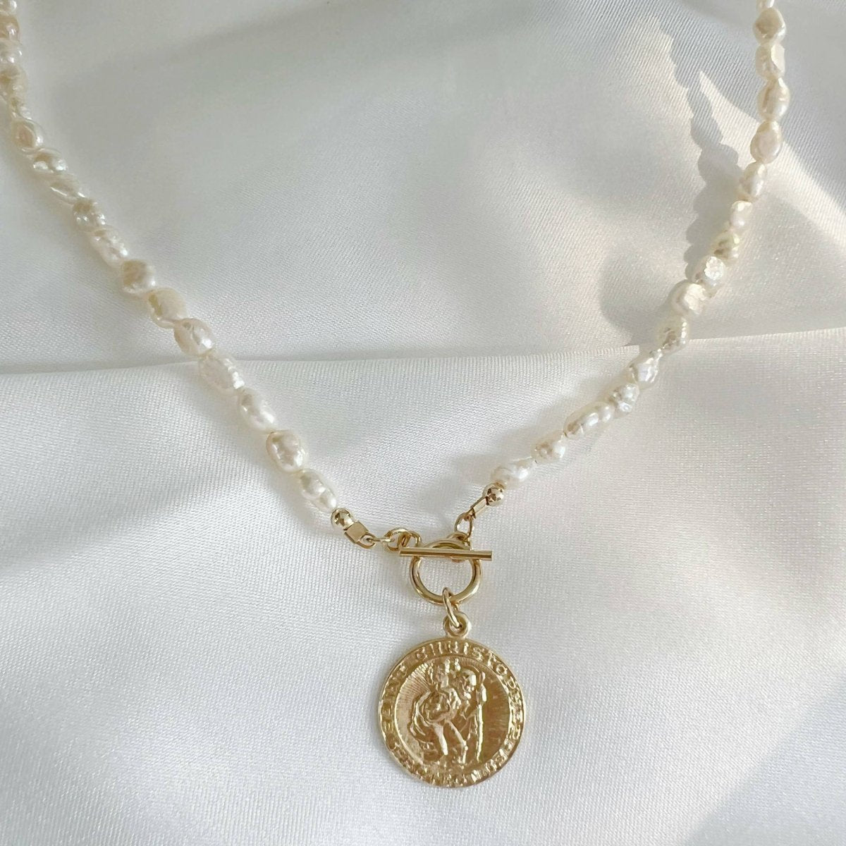 Saint Christopher Toggle Pearl Necklace Gold Filled