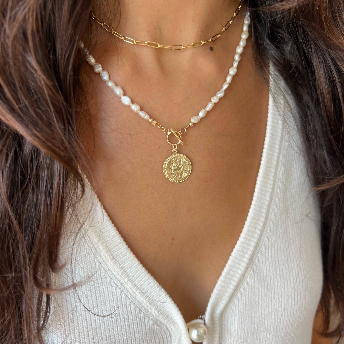 Saint Christopher Toggle Pearl Necklace Gold Filled