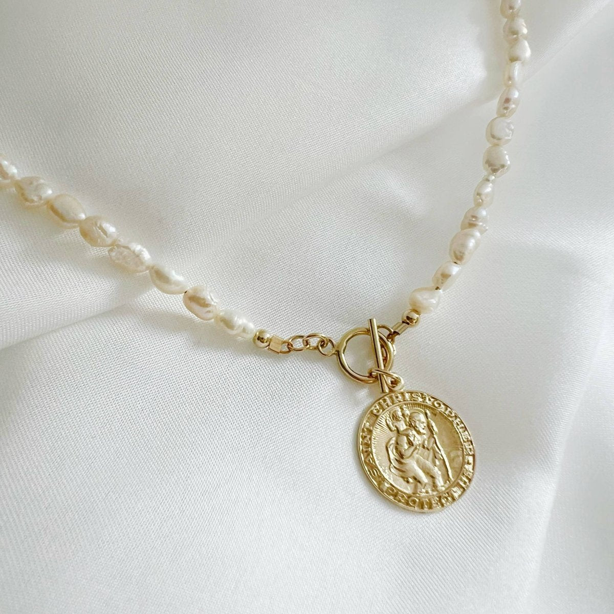 Saint Christopher Toggle Pearl Necklace Gold Filled