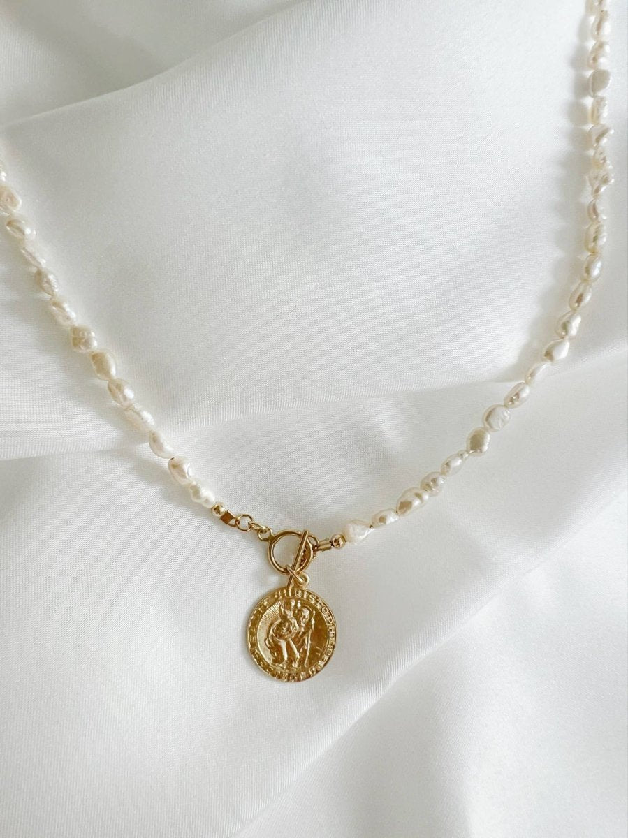 Saint Christopher Toggle Pearl Necklace Gold Filled