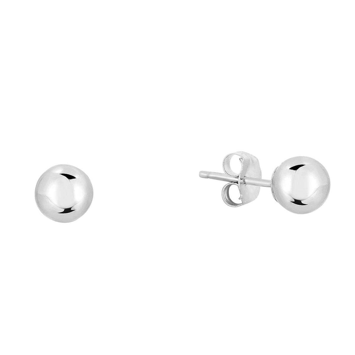Solid 14K White Gold Ball Stud Earring with Secure Push-Back 6mm
