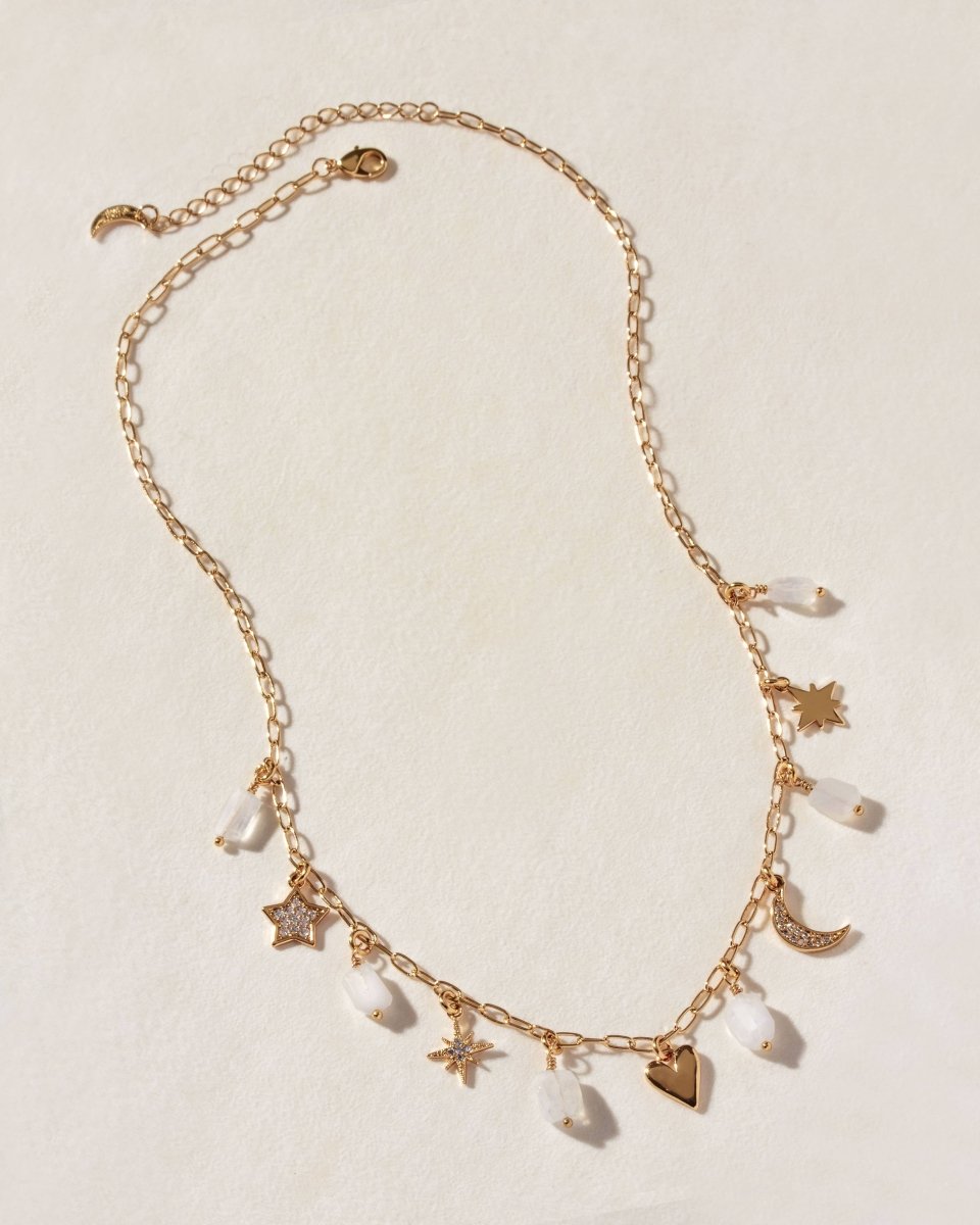 Stardust Charm Necklace with Moonstone and Gold Charms