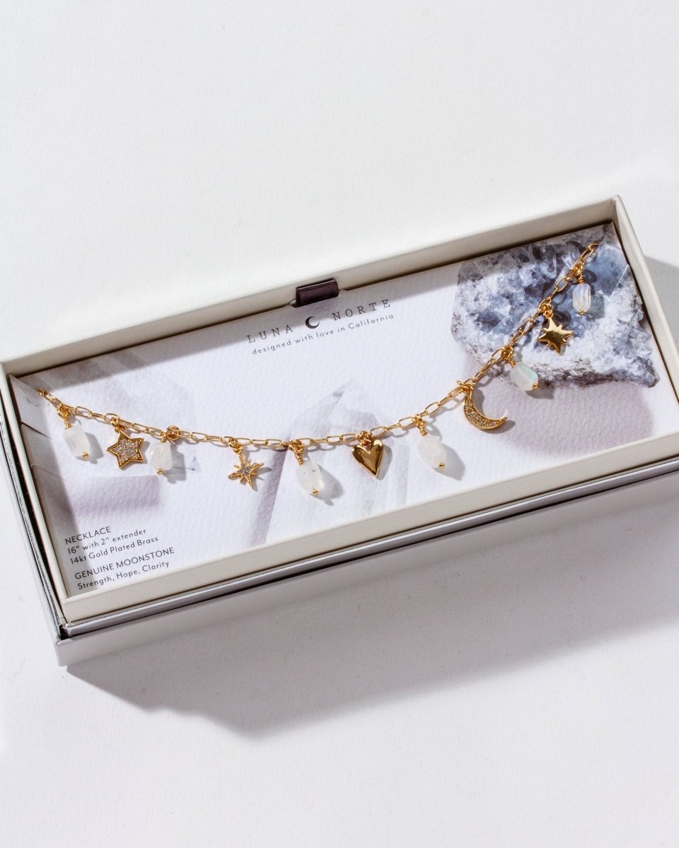 Stardust Charm Necklace with Moonstone and Gold Charms