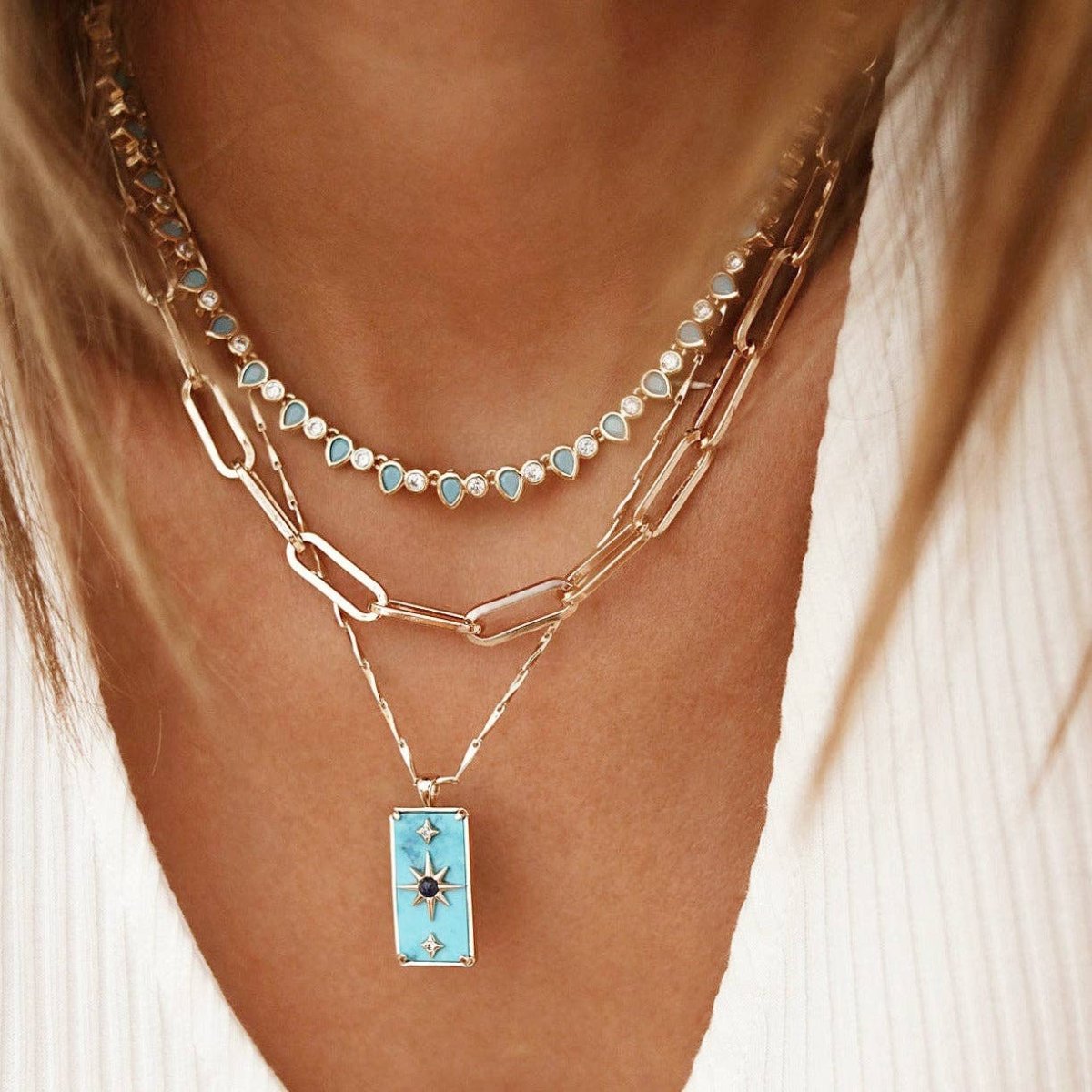 Turquoise & Gold Teardrop Tennis Necklace