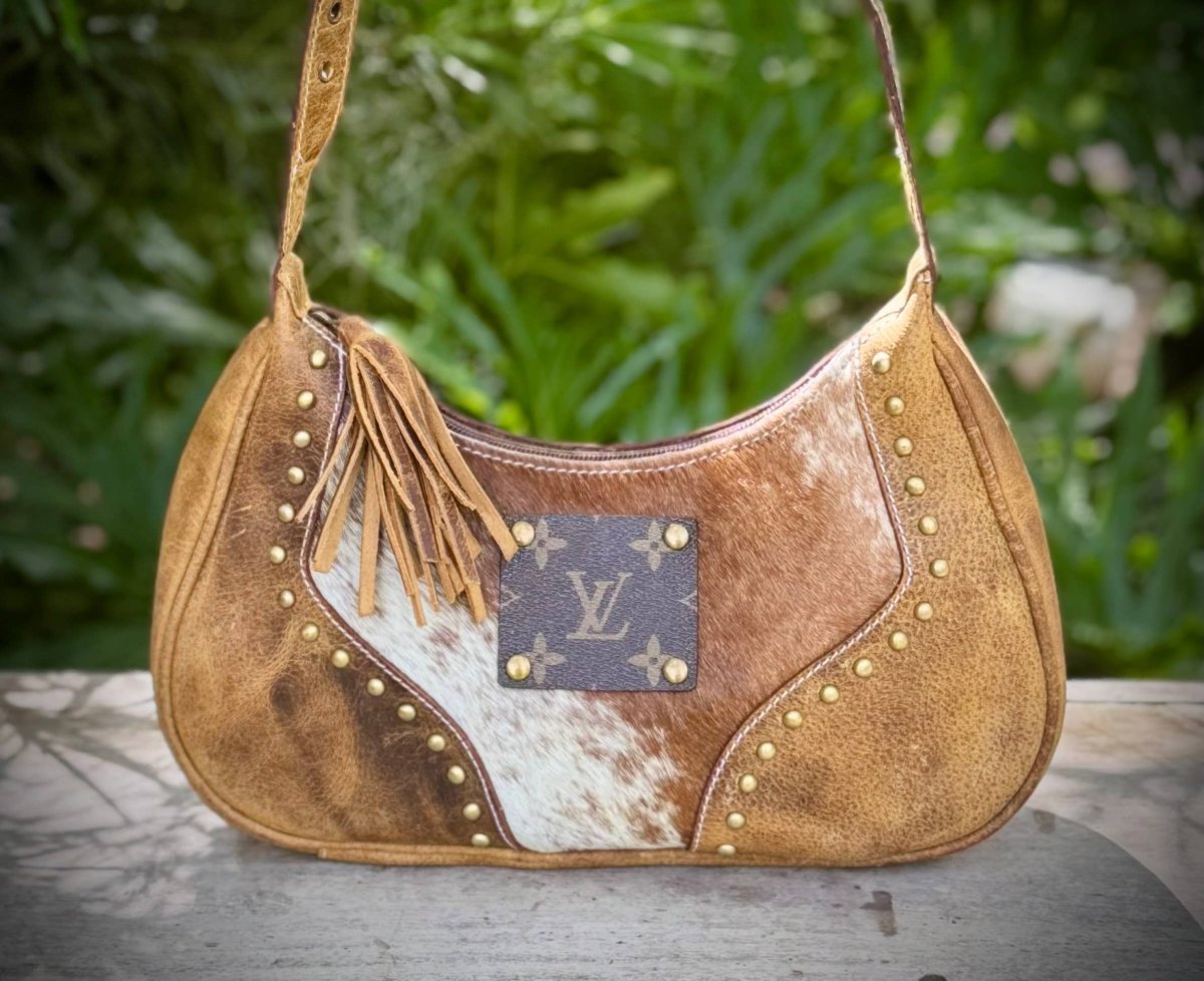 Upcycled LV Cowhide Leather Shoulder Satchel Bag Western