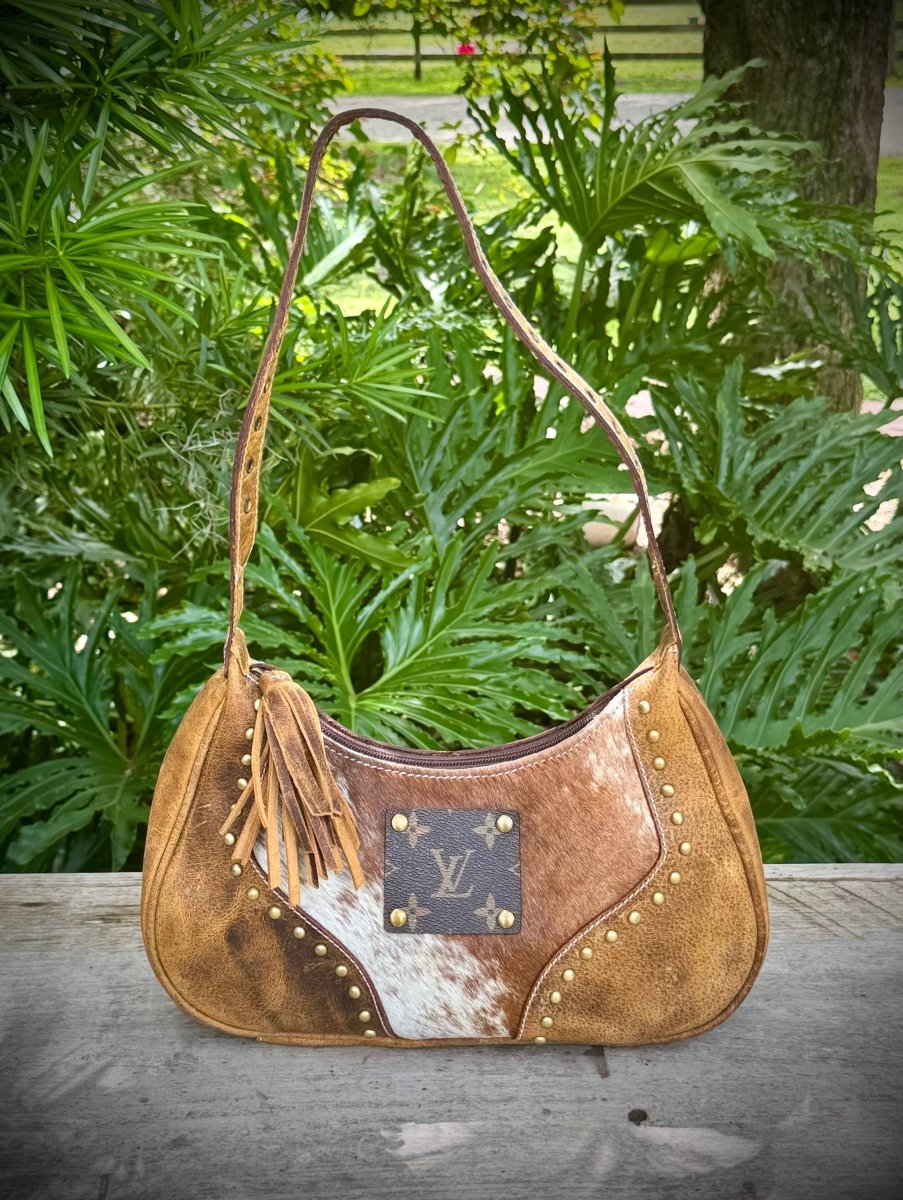 Upcycled LV Cowhide Leather Shoulder Satchel Bag Western