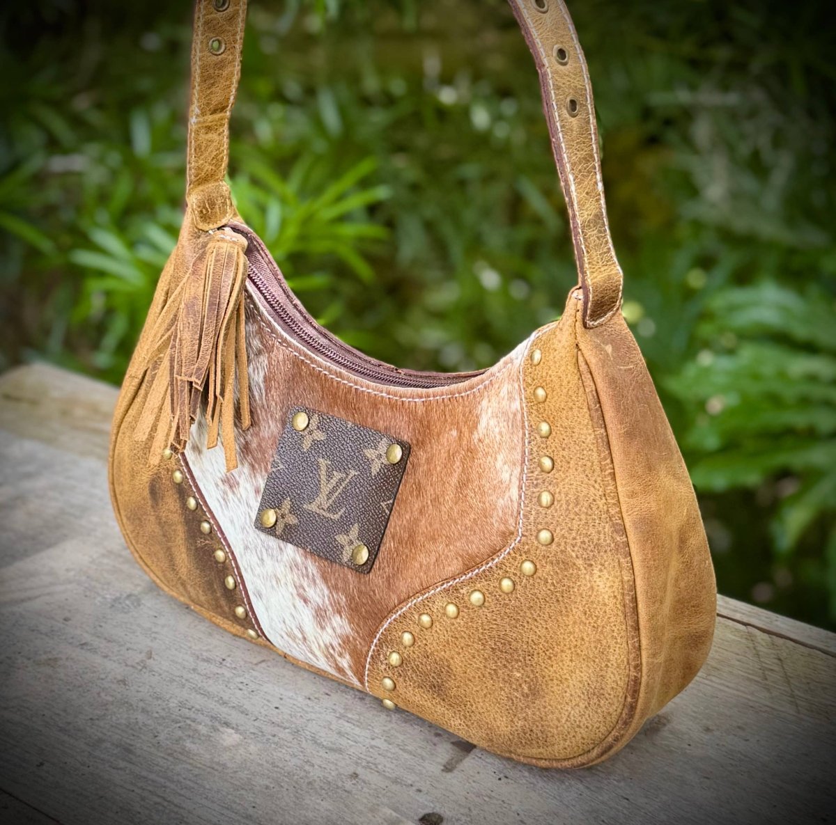 Upcycled LV Cowhide Leather Shoulder Satchel Bag Western