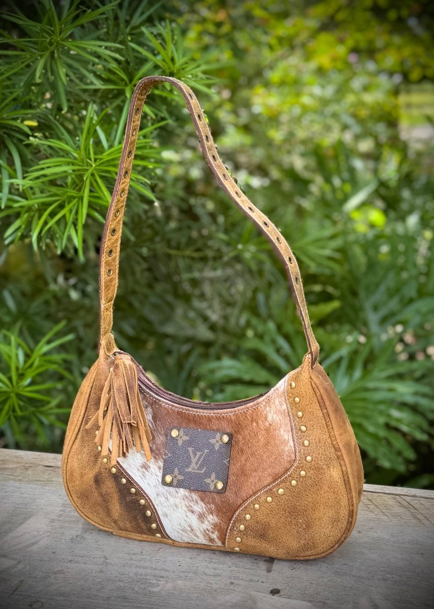 Upcycled LV Cowhide Leather Shoulder Satchel Bag Western