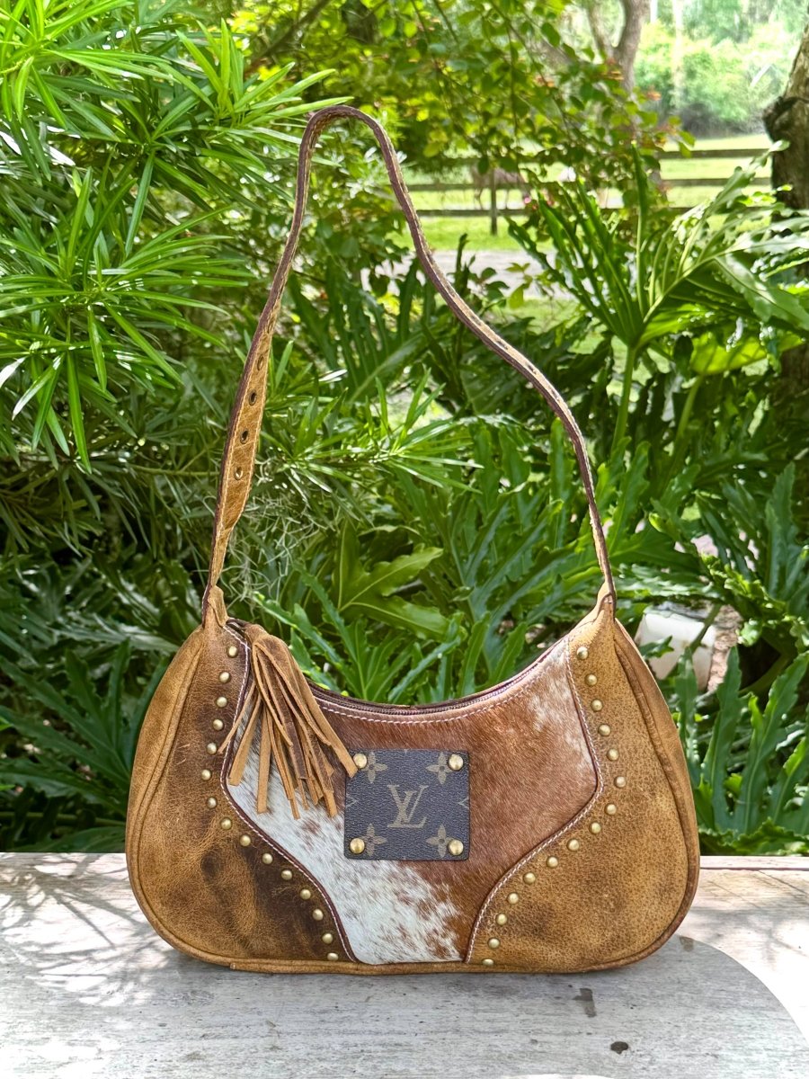 Upcycled LV Cowhide Leather Shoulder Satchel Bag Western