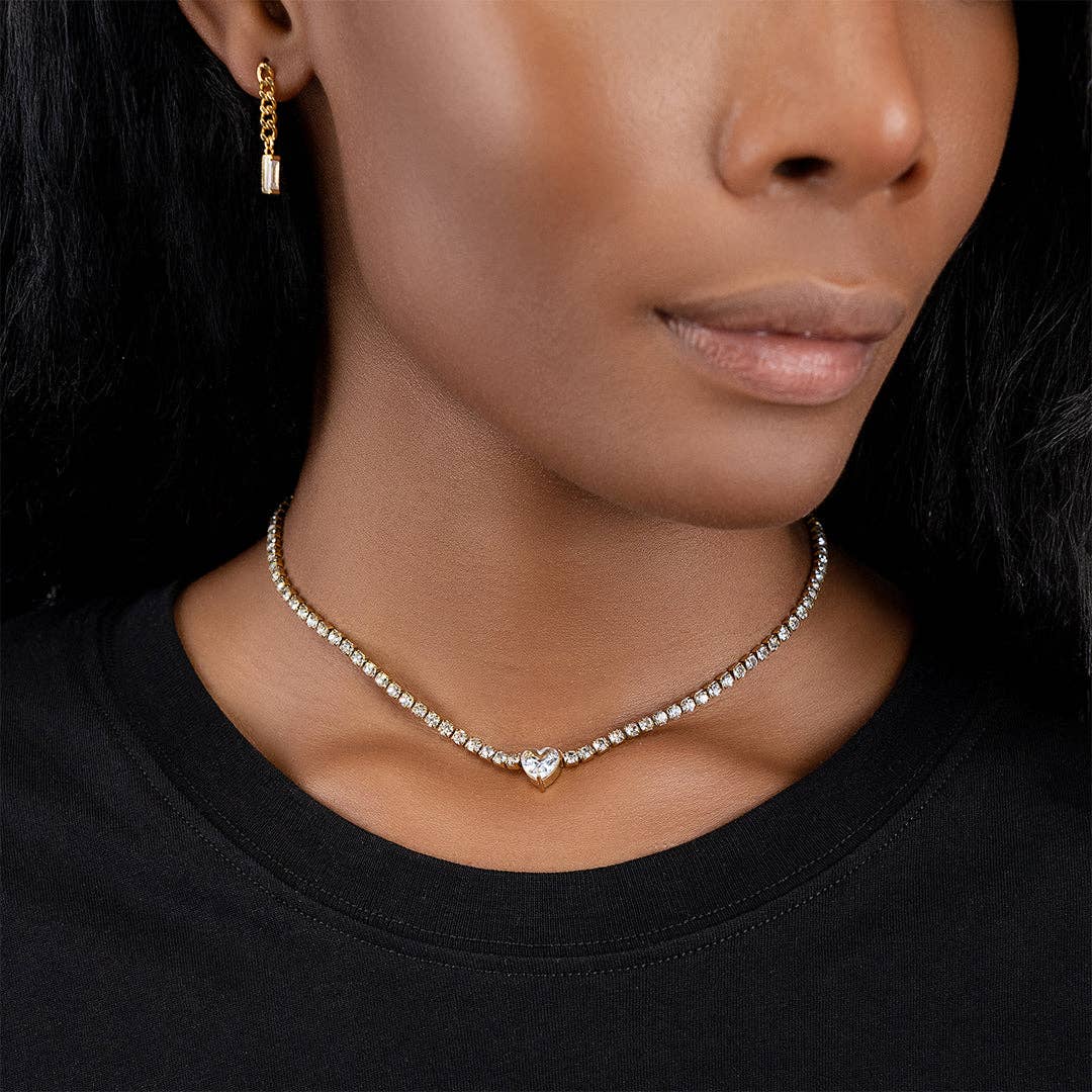 Water Resistant Crystal Heart Tennis Chain Necklace gold