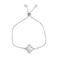 White Mother of Pearl Flower Adjustable Bolo Bracelet silver