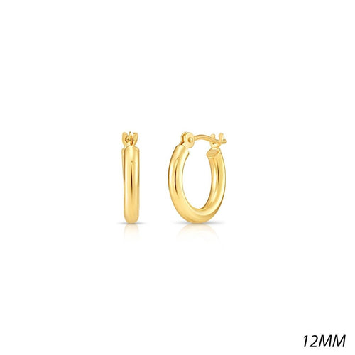 10K Solid Yellow Gold Light Weight 2mm Tube Hoops 12mm