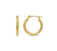 10K Solid Yellow Gold Light Weight 2mm Tube Hoops 14mm