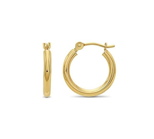 10K Solid Yellow Gold Light Weight 2mm Tube Hoops 14mm