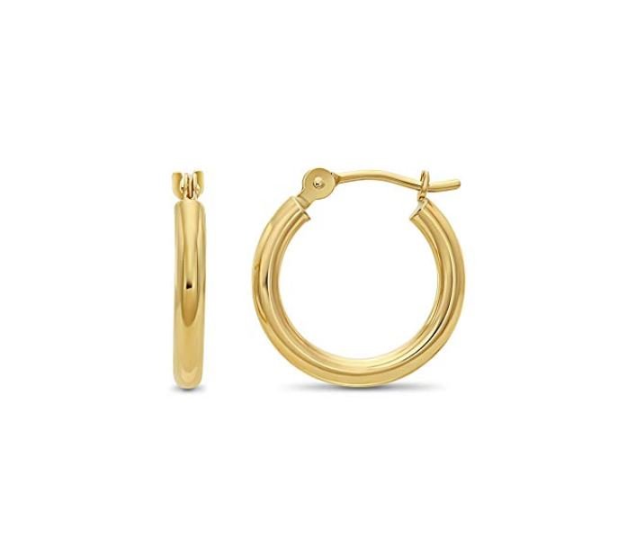 10K Solid Yellow Gold Light Weight 2mm Tube Hoops 14mm