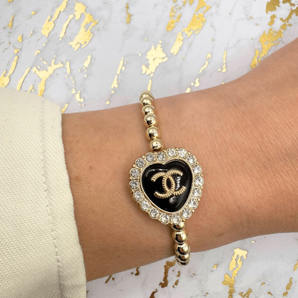 14K Gold and Crystal, Black Heart 5mm Beaded Bracelet