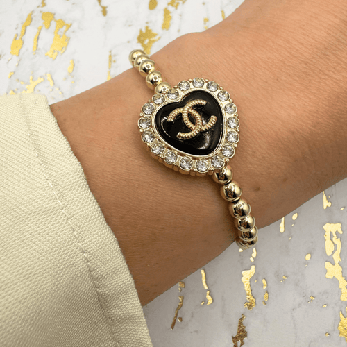 14K Gold and Crystal, Black Heart 5mm Beaded Bracelet