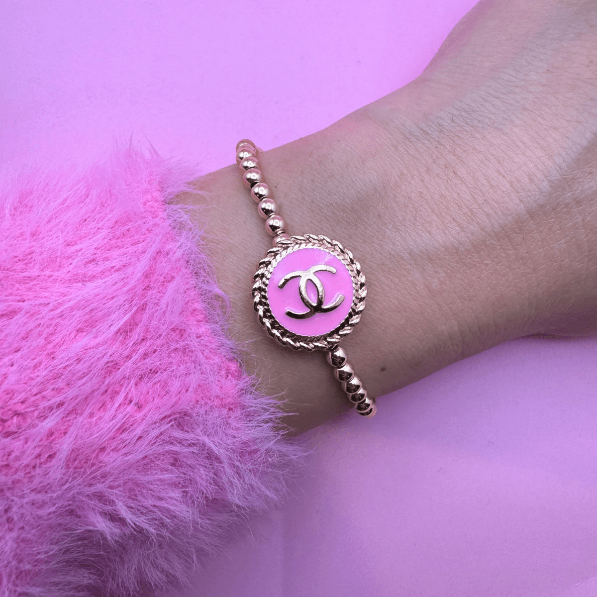 14K Gold and Pink Emblem 4mm Beaded Bracelet