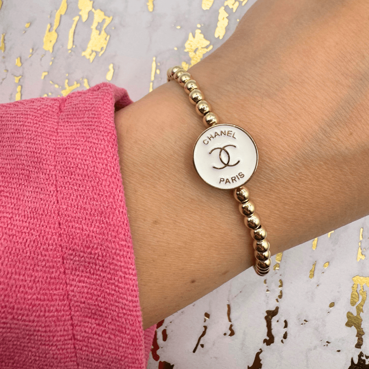 14K Gold and White Emblem 4mm Beaded Bracelet