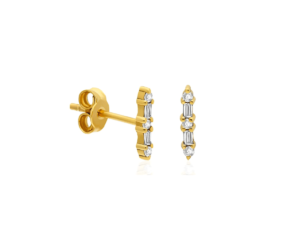 14k Gold Dainty Baguette Diamond Bar Studs