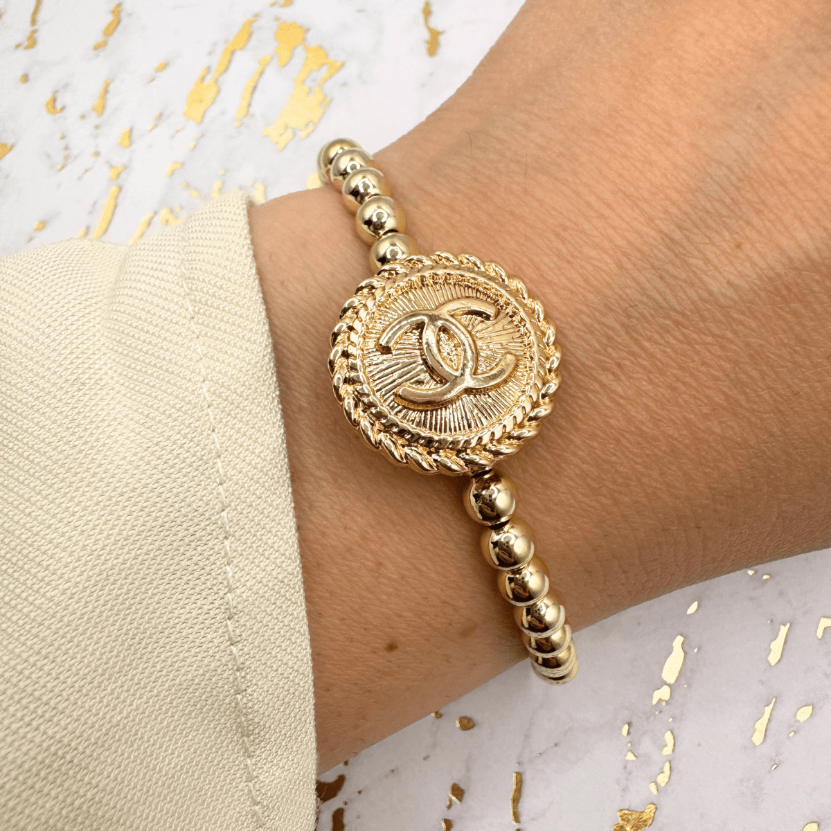14K Gold Emblem 5mm Beaded Bracelet