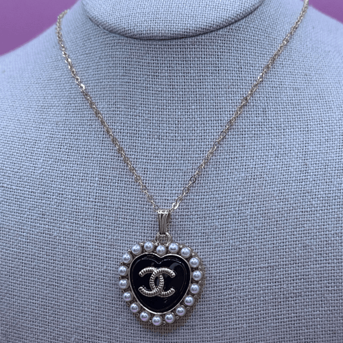 Black and pearl Heart CC Emblem Necklace