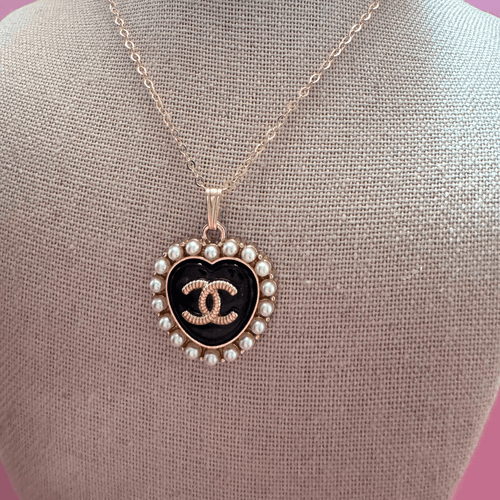 Black and pearl Heart CC Emblem Necklace