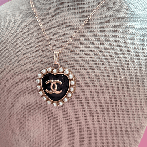 Black and pearl Heart CC Emblem Necklace