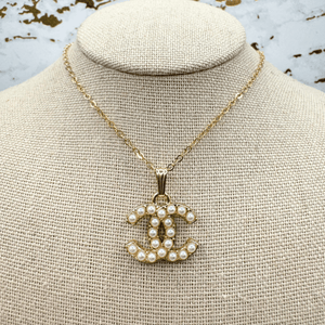 Gold and Pearl CC Pendant Necklace