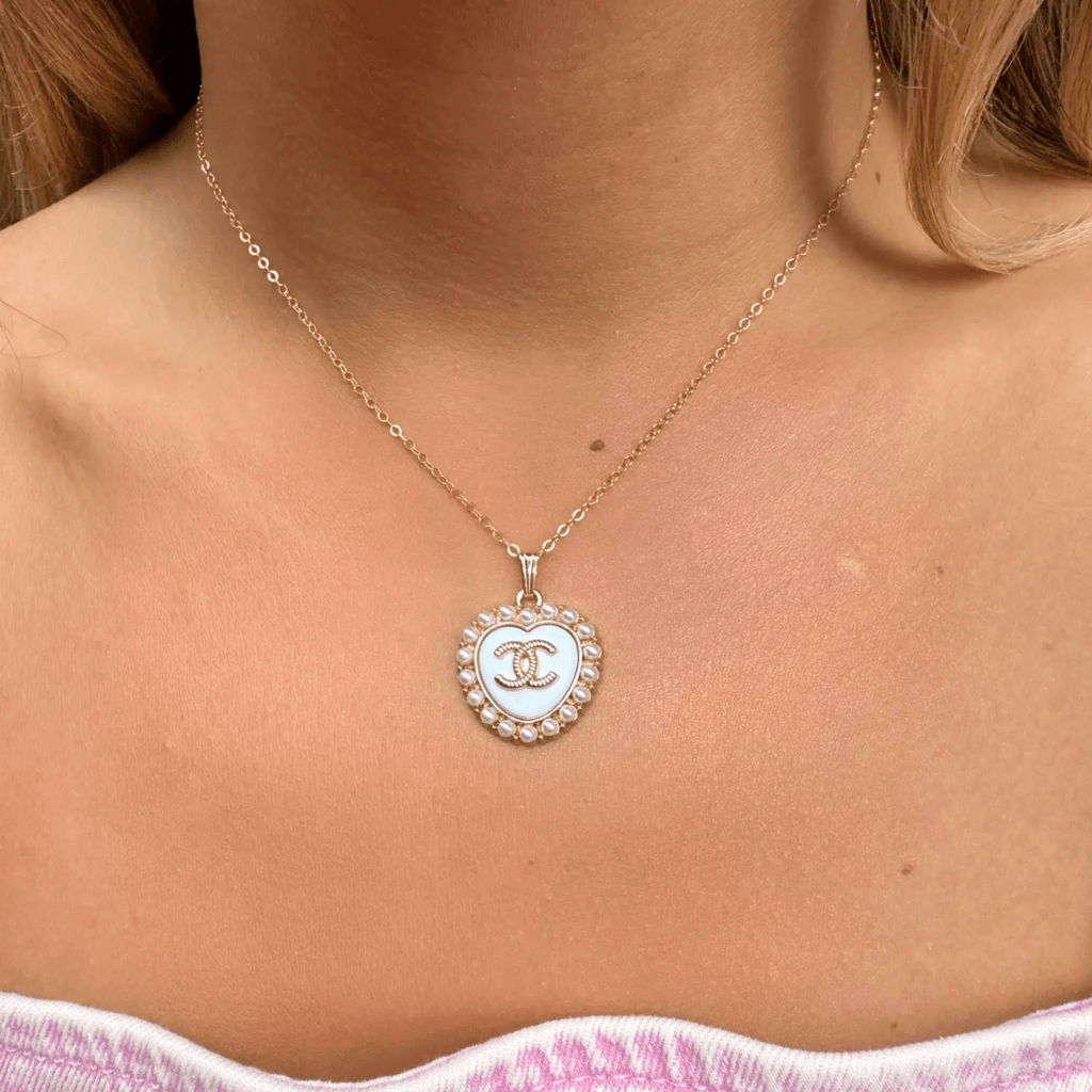 White and Gold Heart CC Emblem Necklace