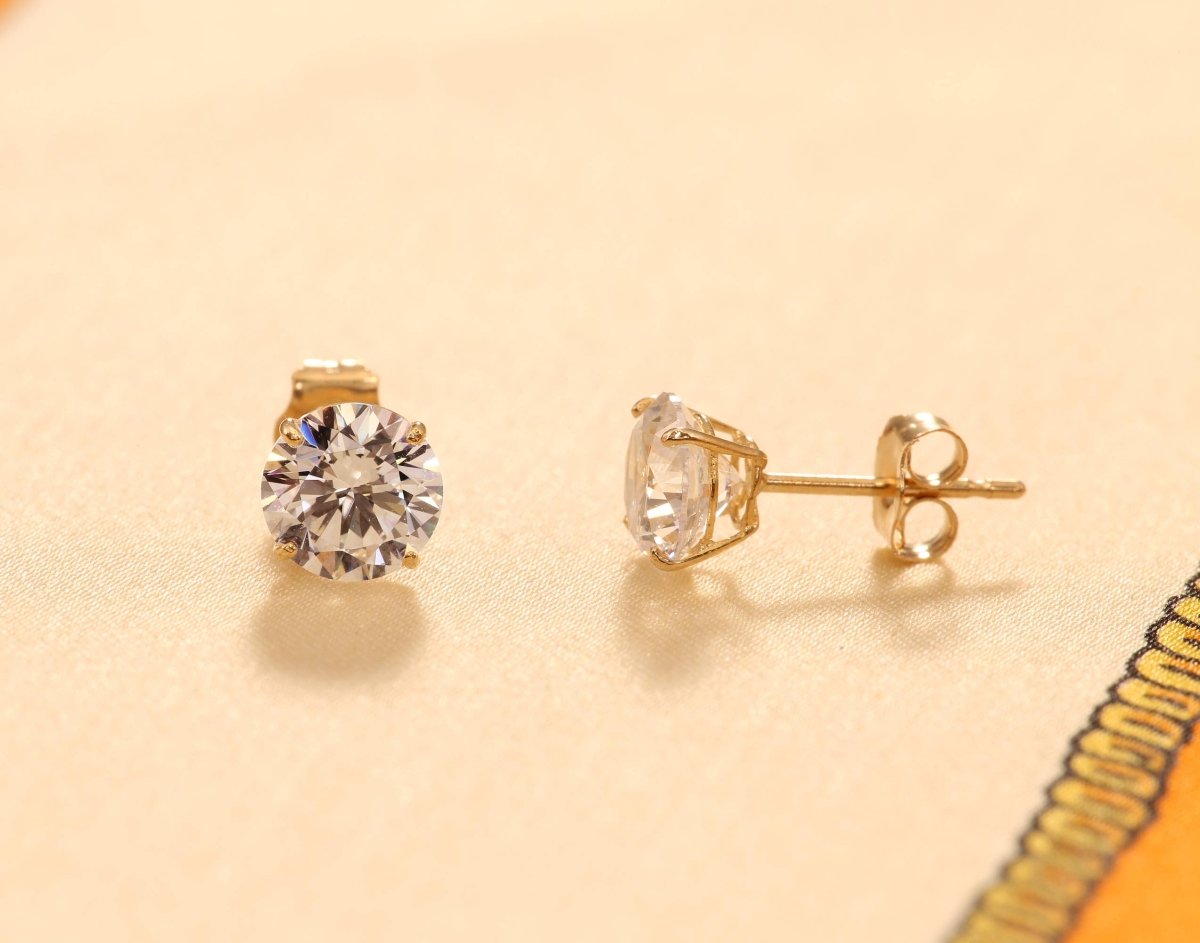 14K Solid Yellow Gold CZ Stud Earring with Secure Push-Back 7mm