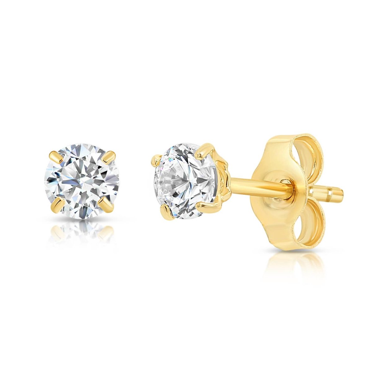 14K Solid Yellow Gold CZ Stud Earring with Secure Push-Back 7mm
