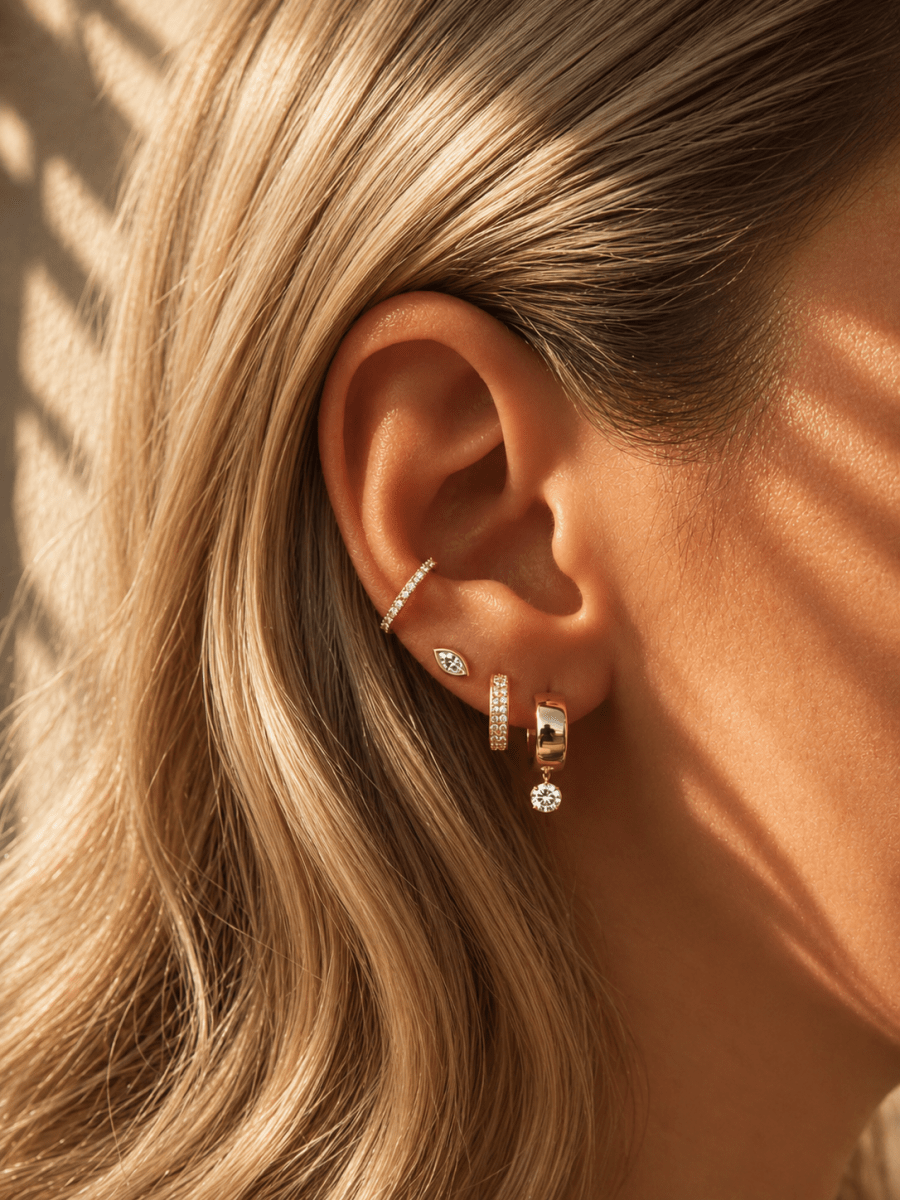14k Vermeil Pierced Dangle CZ Diamond Wide Huggies earrings by EMILY VOLASKI