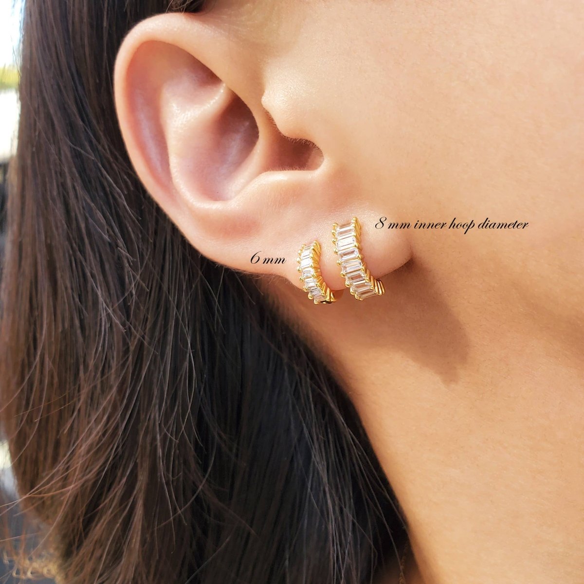 18K Baguette 10mm Huggie Earrings