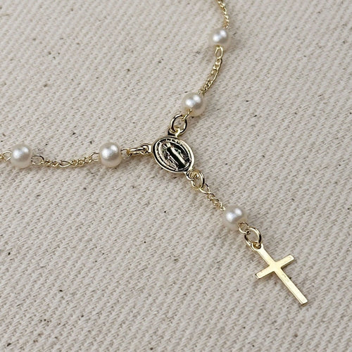 18k Gold Filled Pearl & Figaro Rosary Bracelet by GoldFi