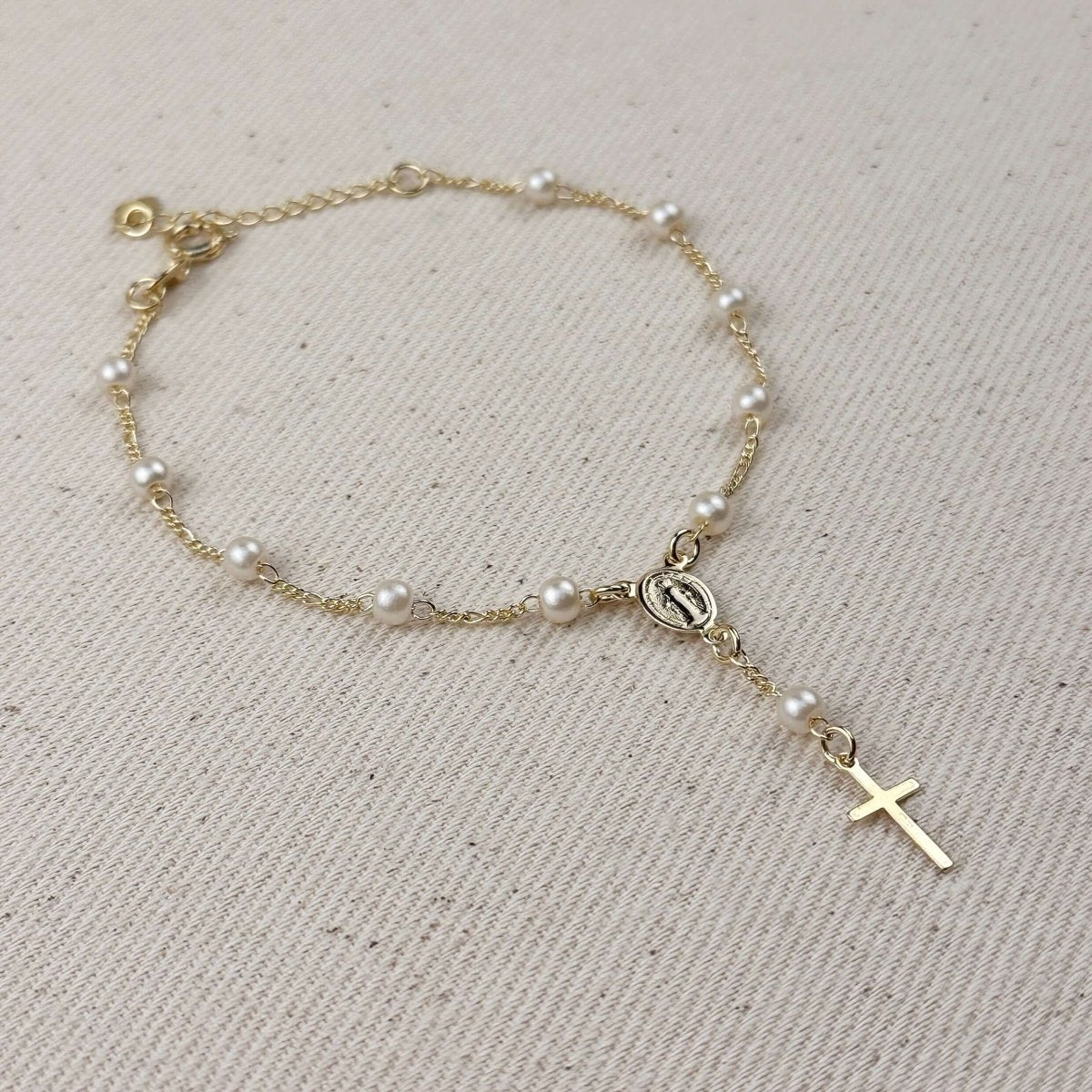 18k Gold Filled Pearl & Figaro Rosary Bracelet by GoldFi