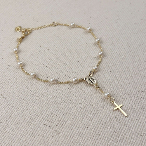 18k Gold Filled Pearl & Figaro Rosary Bracelet by GoldFi