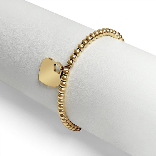 18K Gold Heart And Bead Stretch Waterproof Bracelet by WJW