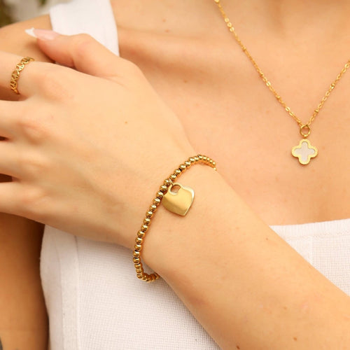 18K Gold Heart And Bead Stretch Waterproof Bracelet by WJW
