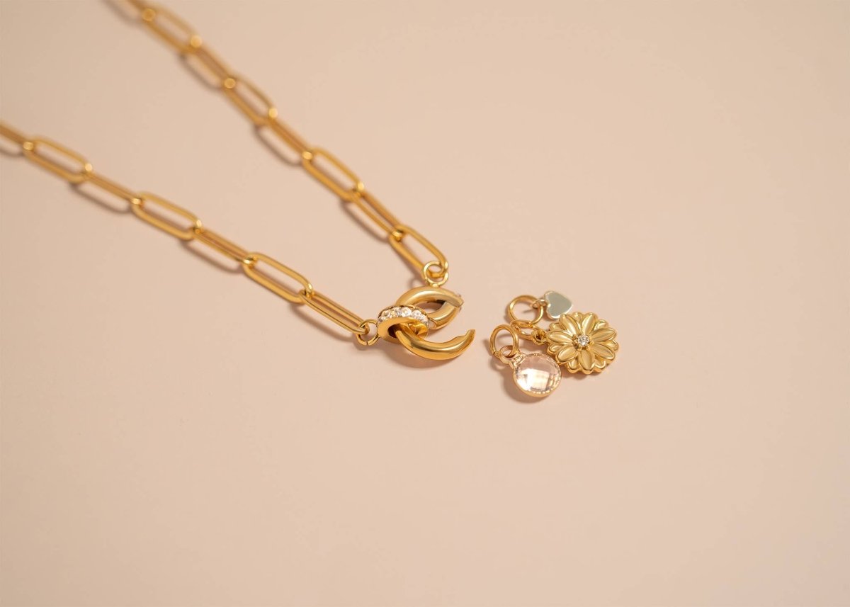 18K Gold Non-Tarnish Waterproof Rhinestone Charm Holder Necklace