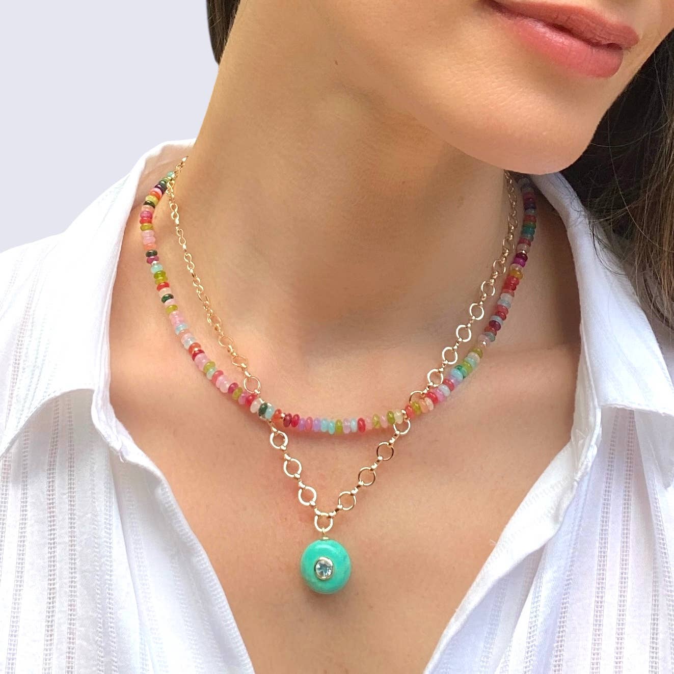 Rainbow Moonstone & White Topaz Petite Loop Necklace