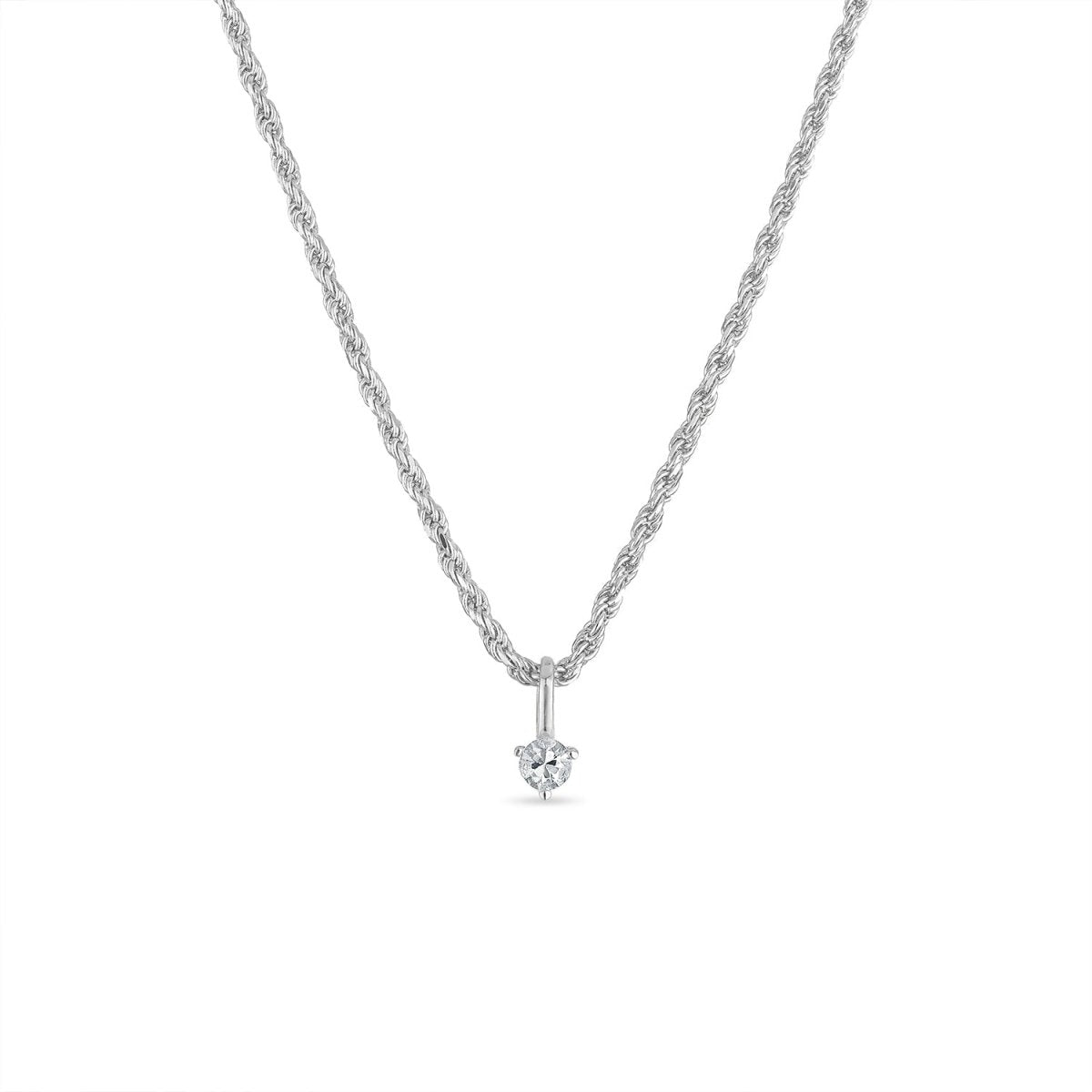 925 Sterling Silver Rope Chain Necklace with White Sapphire Charm