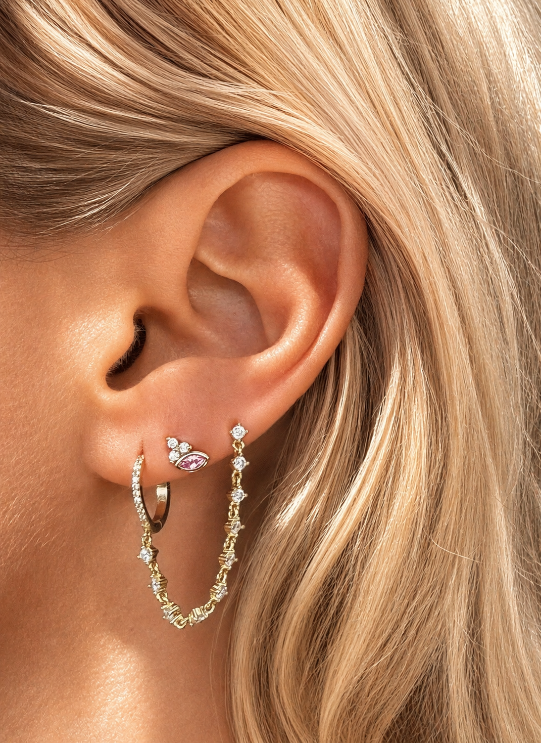 925 Sterling Silver Huggie and Stud Dangle Chain Earring