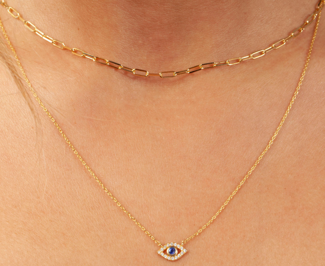 14k Gold Diamond & Sapphire Evil Eye Necklace