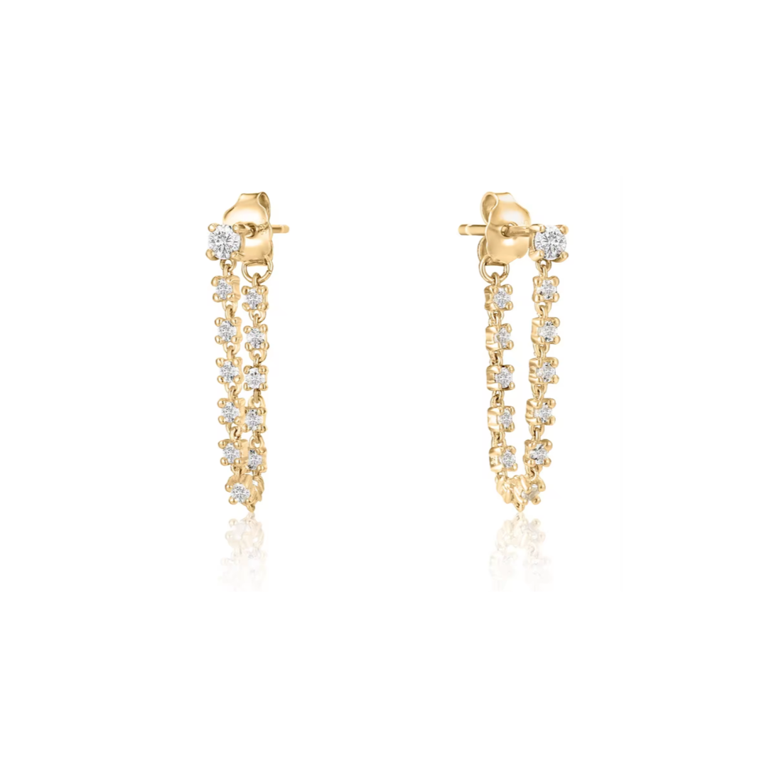 14k Gold White Topaz Inside Out Dangle Chain Stud Earrings