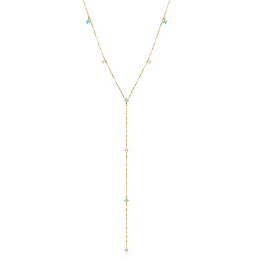 14k Gold White Topaz & Turquoise Lariat Necklace