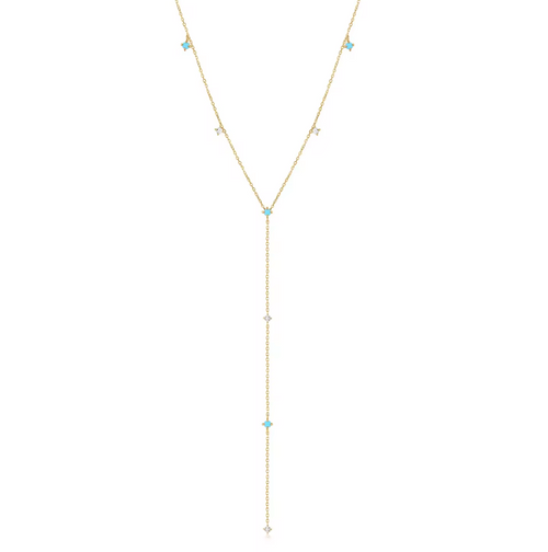 14k Gold White Topaz & Turquoise Lariat Necklace