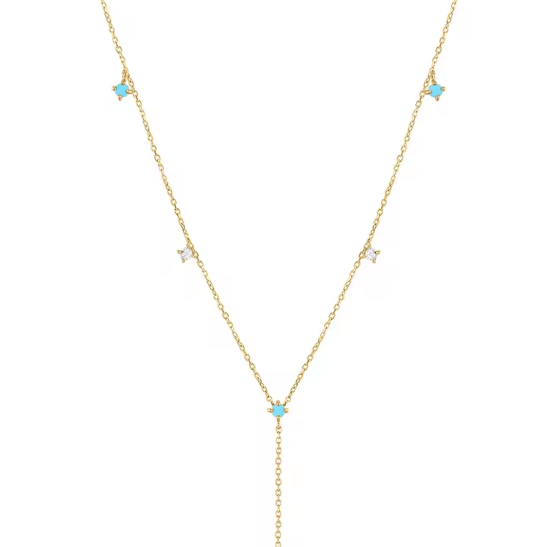 14k Gold White Topaz & Turquoise Lariat Necklace