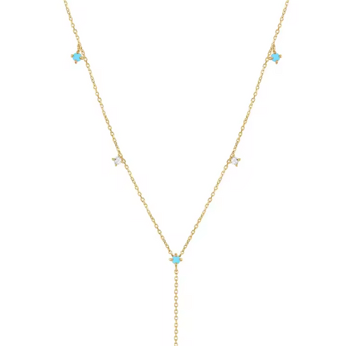 14k Gold White Topaz & Turquoise Lariat Necklace